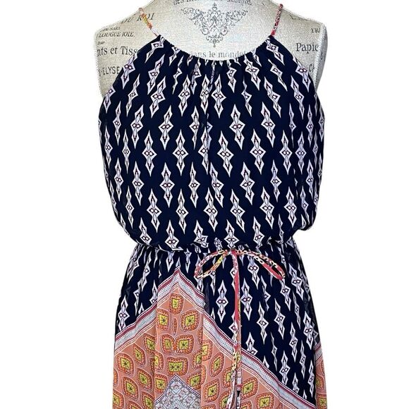 Sweet Storm Printed Halter Maxi Dress Navy White Yellow Peach Pink Medium - Picture 3 of 14